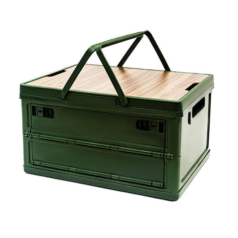 Darrahopens Furniture > Outdoor > Outdoor Storage Boxes Green Collapsible Medium Side-Open Handle Storage Box with Wooden Table Top(42x28x23CM) - Car Trunk Organiser for Australian Camping & Home Use