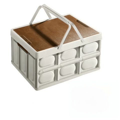 Darrahopens Furniture > Outdoor > Outdoor Storage Boxes White Collapsible Medium Handle Storage Box with Wooden Table Top(42x28x23CM) - Car Trunk Organiser for Australian Camping & Home Use