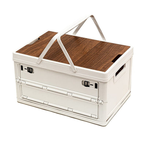 Darrahopens Furniture > Outdoor > Outdoor Storage Boxes White Collapsible Medium Side-Open Handle Storage Box with Wooden Table Top(42x28x23CM) - Car Trunk Organiser for Australian Camping & Home Use
