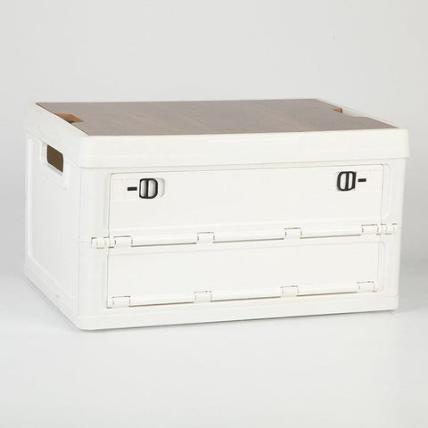 Darrahopens Furniture > Outdoor > Outdoor Storage Boxes White Collapsible Medium Side-Open Storage Box with Wooden Table Top(42x28x23CM) - Car Trunk Organiser for Australian Camping & Home Use