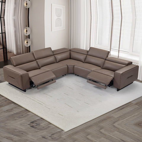 Darrahopens Furniture > Sofas > Sofas & Sofa Beds 5 Seater Real Cow Leather Sofa with Power Recliner Adjustable Headrest Wooden Frame Corner Lounge