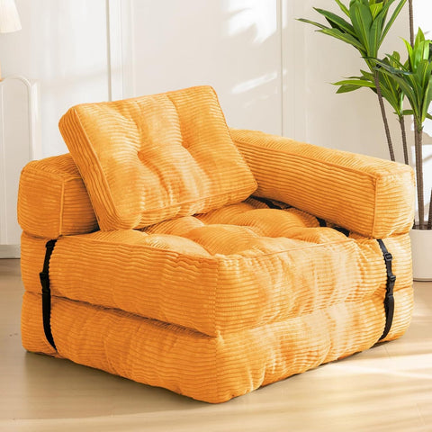 Darrahopens Furniture > Sofas > Sofas & Sofa Beds Foldable Corduroy Sofa Bed with Quilted Buttons and Pillow, Convertible Lounger for Reading, Gaming, Napping, and Relaxing at Home (Orange) In Australia - Darrahopens