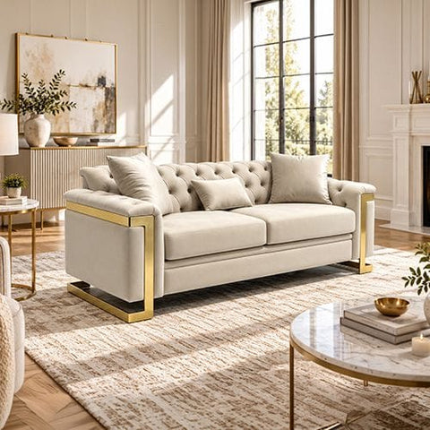 Darrahopens Furniture > Sofas > Sofas & Sofa Beds Juliette 3 Seater Velvet Sofa with Gold Trim in Beige In Australia - Darrahopens