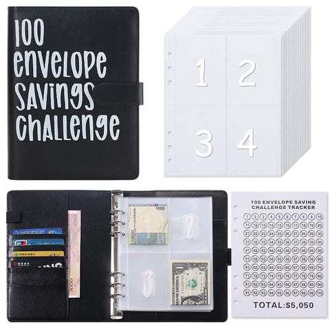 Darrahopens Gift & Novelty > Books > Activity Books 100 Envelope Savings Challenge Binder A5 Budget Planner Book PU Leather Cash Stuffing Money Organiser with Magnetic Closure & Tracker (Black)
