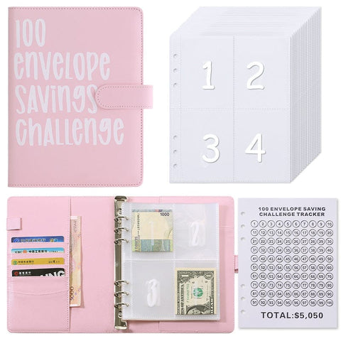 Darrahopens Gift & Novelty > Books > Activity Books 100 Envelope Savings Challenge Binder A5 Budget Planner Book PU Leather Cash Stuffing Money Organiser with Magnetic Closure & Tracker (Pink)