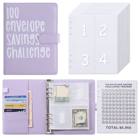 Darrahopens Gift & Novelty > Books > Activity Books 100 Envelope Savings Challenge Binder A5 Budget Planner Book PU Leather Cash Stuffing Money Organiser with Magnetic Closure & Tracker (Purple)