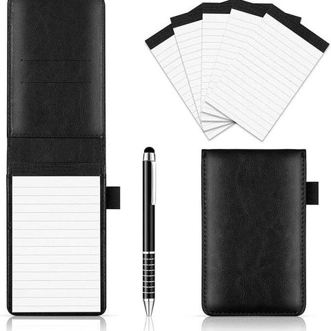 Darrahopens Gift & Novelty > Books > Activity Books 7-Piece Black Business A7 Pocket Notebook Set - Premium PU Leather Memo Pad, 5 Memo Replacement Refills & 2-in-1 Metal Stylus Pen
