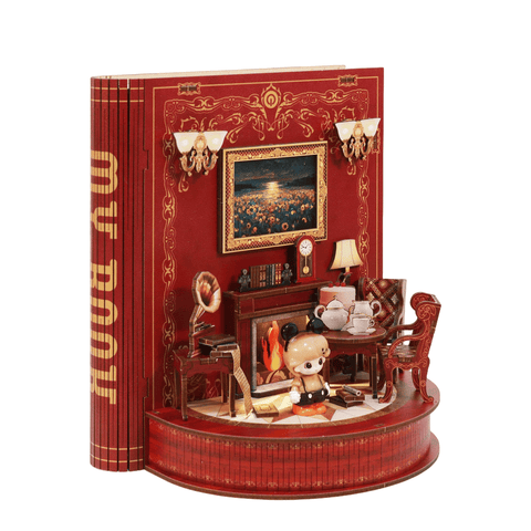Darrahopens Gift & Novelty > Games > Jigsaw Puzzles & Accessories DIY Book Nook Kit Book Theater 3D Wooden Puzzle Miniature Dollhouse Bookshelf Insert with LED Light, 222 Pieces Bookend Decor for Adults Teens, Creative Gift for Book Lovers