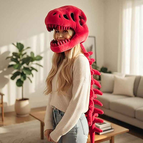 Darrahopens Gift & Novelty > Novelty > Novelty Gifts 120CM Red Funny Dinosaur Skeleton Plush Headwear – Quirky Bone Fossil Plushie Hat & Huggable Doll for Party Costumes and Birthday Gifts