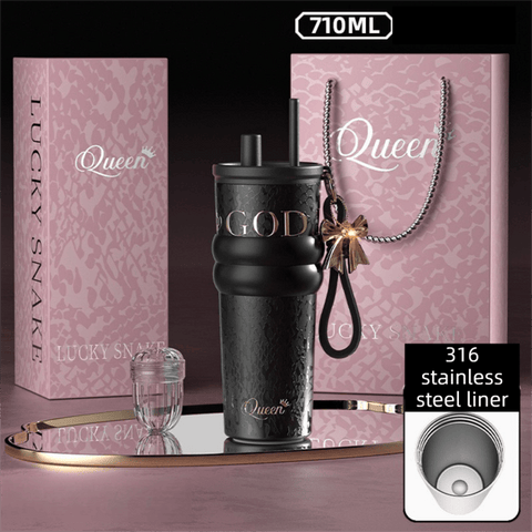 710ML Black Luxury Gradient Textured Aurora Starry Night Insulated Travel Mug (Bow Pendant Gift Box) – 316 Stainless Steel Car Coffee Tumbler with Pop-Up Straw Dual Lid, Sinking Tea Infuser Ball and Cup Sleeve