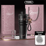 710ML Black Luxury Gradient Textured Aurora Starry Night Insulated Travel Mug (Bow Pendant Gift Box) – Ceramic Liner Car Coffee Tumbler with Pop-Up Straw Dual Lid, Sinking Tea Infuser Ball and Cup Sleeve