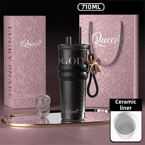710ML Black Luxury Gradient Textured Aurora Starry Night Insulated Travel Mug (Bow Pendant Gift Box) – Ceramic Liner Car Coffee Tumbler with Pop-Up Straw Dual Lid, Sinking Tea Infuser Ball and Cup Sleeve
