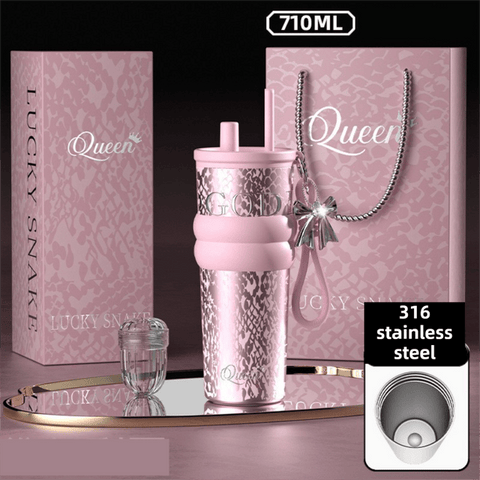 710ML Pink Luxury Gradient Textured Aurora Starry Night Insulated Travel Mug (Bow Pendant Gift Box) – 316 Stainless Steel Car Coffee Tumbler with Pop-Up Straw Dual Lid, Sinking Tea Infuser Ball and Cup Sleeve