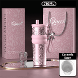 710ML Pink Luxury Gradient Textured Aurora Starry Night Insulated Travel Mug (Bow Pendant Gift Box) – Ceramic Liner Car Coffee Tumbler with Pop-Up Straw Dual Lid, Sinking Tea Infuser Ball and Cup Sleeve