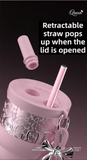 Darrahopens Gift & Novelty > Novelty > Novelty Gifts 710ML Pink Luxury Gradient Textured Aurora Starry Night Insulated Travel Mug (Bow Pendant Gift Box) – Ceramic Liner Car Coffee Tumbler with Pop-Up Straw Dual Lid, Sinking Tea Infuser Ball and Cup Sleeve