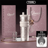 710ML Silver Luxury Gradient Textured Aurora Starry Night Insulated Travel Mug (Bow Pendant Gift Box) – 316 Stainless Steel Car Coffee Tumbler with Pop-Up Straw Dual Lid, Sinking Tea Infuser Ball and Cup Sleeve