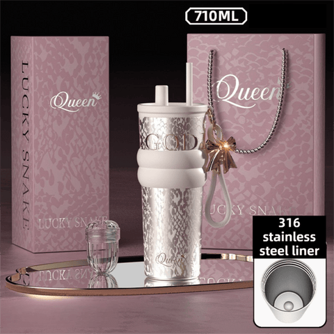 710ML Silver Luxury Gradient Textured Aurora Starry Night Insulated Travel Mug (Bow Pendant Gift Box) – 316 Stainless Steel Car Coffee Tumbler with Pop-Up Straw Dual Lid, Sinking Tea Infuser Ball and Cup Sleeve