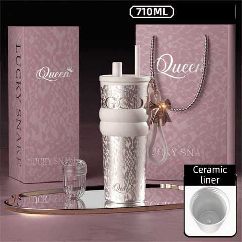 710ML Silver Luxury Gradient Textured Aurora Starry Night Insulated Travel Mug (Bow Pendant Gift Box) – Ceramic Liner Car Coffee Tumbler with Pop-Up Straw Dual Lid, Sinking Tea Infuser Ball and Cup Sleeve