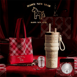 Beige British Equestrian Plaid 710ML Insulated Travel Mug with Dual-Drink Lid, Straw & Straw Cap - 316 Stainless Steel Car Coffee Tumbler with Tea Water Separator Ball and Matching Protective Sleeve (Delux Gift Box)