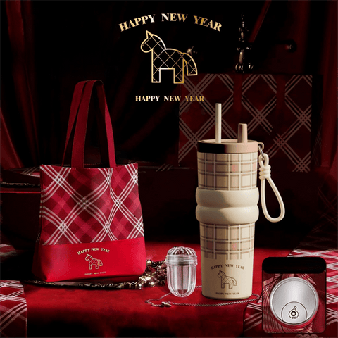 Beige British Equestrian Plaid 710ML Insulated Travel Mug with Dual-Drink Lid, Straw & Straw Cap - 316 Stainless Steel Car Coffee Tumbler with Tea Water Separator Ball and Matching Protective Sleeve (Delux Gift Box)