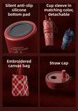 Darrahopens Gift & Novelty > Novelty > Novelty Gifts Beige British Equestrian Plaid 710ML Insulated Travel Mug with Dual-Drink Lid, Straw & Straw Cap - Ceramic Liner Car Coffee Tumbler with Tea Water Separator Ball and Matching Protective Sleeve (Delux Gift Box)