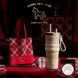 Beige British Equestrian Plaid 710ML Insulated Travel Mug with Dual-Drink Lid, Straw & Straw Cap - Ceramic Liner Car Coffee Tumbler with Tea Water Separator Ball and Matching Protective Sleeve (Delux Gift Box)