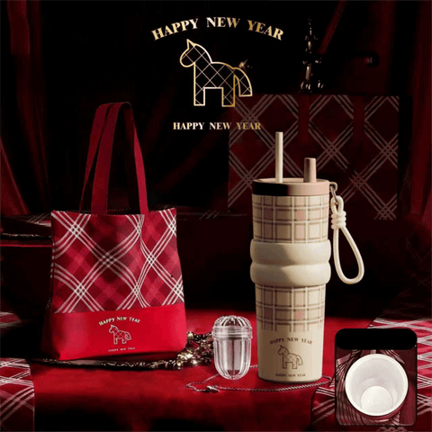 Beige British Equestrian Plaid 710ML Insulated Travel Mug with Dual-Drink Lid, Straw & Straw Cap - Ceramic Liner Car Coffee Tumbler with Tea Water Separator Ball and Matching Protective Sleeve (Delux Gift Box)