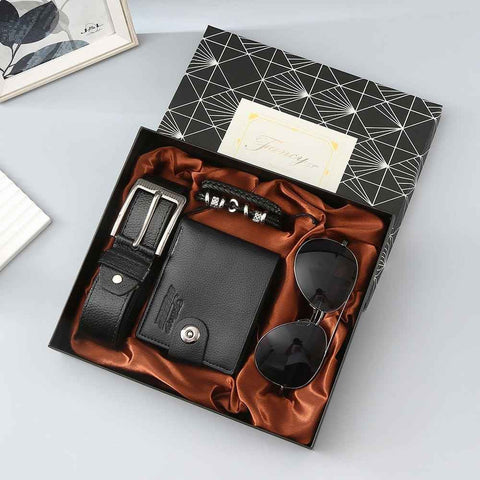 Black 4-Piece Men's Gift Set - Leather Wallet, Belt, Sunglasses & Bracelet in Luxury Gift Box - Perfect for Father's Day, Birthday, Christmas, Valentine's Day, Anniversary, Graduation, Retirement - Stylish & Practical Gift for Him
