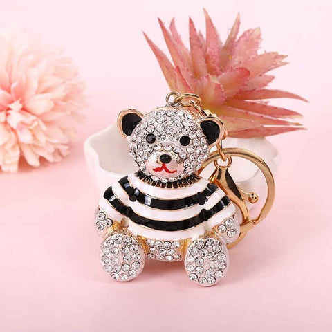 Black Stripe Crystal Bear Keychain Cute Alloy Keyring Gift 2-Pack