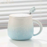 Darrahopens Gift & Novelty > Novelty > Novelty Gifts Blue Gradient Cat Ceramic Mug with Lid and Spoon - 400ml Porcelain Coffee Cup - Adorable 3D Cat Design, Pastel Colour, Gift Box Included - Ideal for Home, Office, or as a Present for Women and Cat Lovers