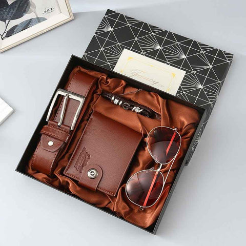 Brown 4-Piece Men's Gift Set - Leather Wallet, Belt, Sunglasses & Bracelet in Luxury Gift Box - Perfect for Father's Day, Birthday, Christmas, Valentine's Day, Anniversary, Graduation, Retirement - Stylish & Practical Gift for Him
