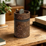 Darrahopens Gift & Novelty > Novelty > Novelty Gifts Genuine Leather Carved Barrel Piggy Bank, Natural Top Grain Cowhide Vintage Relief, Zipper Closure Portable