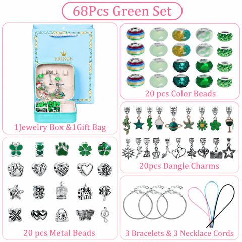Darrahopens Gift & Novelty > Novelty > Novelty Gifts Green Kids DIY Bead Jewelry Making Kit - 68 Pcs Alloy & Plastic Charm Bracelet & Necklace Set with Storage Box, Creative Birthday Gift for Girls