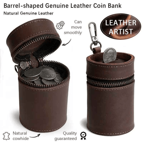 Darrahopens Gift & Novelty > Novelty > Novelty Gifts Oil Nubuck Leather Barrel Piggy Bank, Top-Grain Cowhide Plain Design, Zipper Closure Portable（coffee color）
