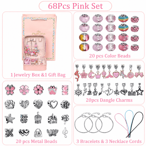 Darrahopens Gift & Novelty > Novelty > Novelty Gifts Pink Kids DIY Bead Jewelry Making Kit - 68 Pcs Alloy & Plastic Charm Bracelet & Necklace Set with Storage Box, Creative Birthday Gift for Girls