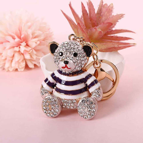 Purple Stripe Crystal Bear Keychain Cute Alloy Keyring Gift 2-Pack