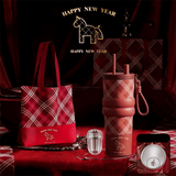 Red British Equestrian Plaid 710ML Insulated Travel Mug with Dual-Drink Lid, Straw & Straw Cap - 316 Stainless Steel Car Coffee Tumbler with Tea Water Separator Ball and Matching Protective Sleeve (Delux Gift Box)