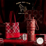 Red British Equestrian Plaid 710ML Insulated Travel Mug with Dual-Drink Lid, Straw & Straw Cap - Ceramic Liner Car Coffee Tumbler with Tea Water Separator Ball and Matching Protective Sleeve (Delux Gift Box)