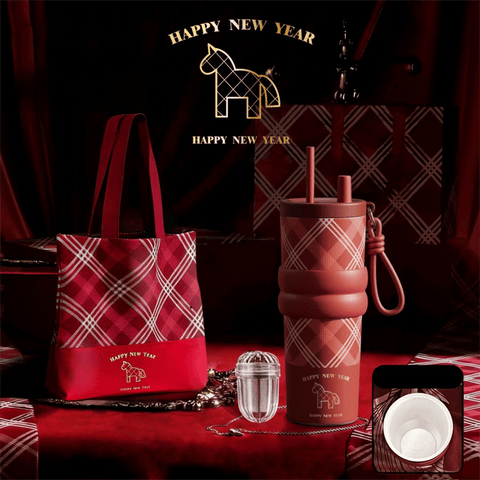 Red British Equestrian Plaid 710ML Insulated Travel Mug with Dual-Drink Lid, Straw & Straw Cap - Ceramic Liner Car Coffee Tumbler with Tea Water Separator Ball and Matching Protective Sleeve (Delux Gift Box)