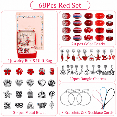 Darrahopens Gift & Novelty > Novelty > Novelty Gifts Red Kids DIY Bead Jewelry Making Kit - 68 Pcs Alloy & Plastic Charm Bracelet & Necklace Set with Storage Box, Creative Birthday Gift for Girls