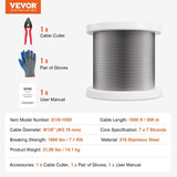 Darrahopens Hampers > Gift Hampers > Self Care Hampers VEVOR Wire Rope Kit, 3.18 mm 305 m 316 Stainless Steel Cable with Cutter and Gloves, 7.1KN Breaking Strength, 7x7 Strands Construction Marine Aircraft Grade for Handrail Stair Decking Fence Outdoors