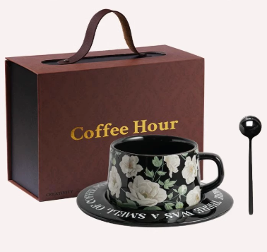 Darrahopens Hampers > Gift Hampers > Tea & Coffee Hampers Black Camellia Elegant Ceramic Coffee Cup & Saucer Set - Couples Gift Box, Premium Wedding & Bridesmaid Favor, High-End Exquisite Design