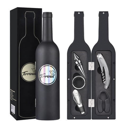 Darrahopens Hampers > Gift Hampers > Wine & Champagne Hampers Wine Accessories Gift Set (Black), 5-Piece Bottle Corkscrew Opener Kit with Novelty Bottle-Shaped Case, Valentine's Day Gift for Wine Lovers