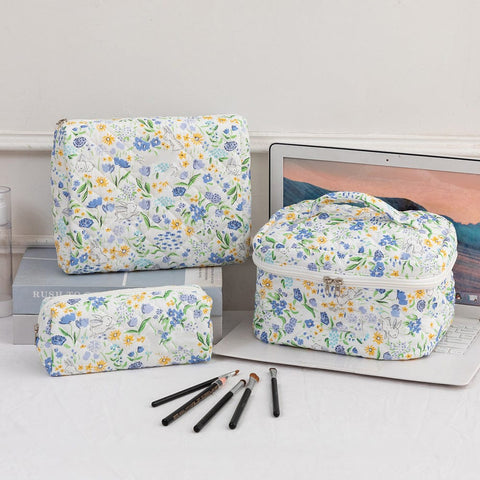 Darrahopens Health & Beauty > Cosmetic Storage > Cosmetic & Toiletry Bags 3SET Quilted Floral Makeup Bag Collection Cute Rabbit Pattern Cosmetic Pouch &Travel Toiletry Organizer & Pencil Case for School and Home