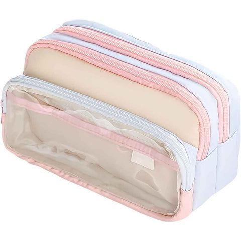 Darrahopens Health & Beauty > Cosmetic Storage > Cosmetic & Toiletry Bags 4-Layer Transparent Large Capacity Pencil Case - Aesthetic Style Makeup & Supplies Organizer Pouch (Pink blue)