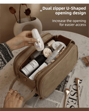 Darrahopens Health & Beauty > Cosmetic Storage > Cosmetic & Toiletry Bags Beige Premium TPU Leather Dual-Zipper Cosmetic Bag with 3 Dry & Wet Separation Zone - Large Capacity Travel Toiletries Organizer