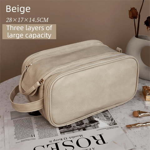 Darrahopens Health & Beauty > Cosmetic Storage > Cosmetic & Toiletry Bags Beige Premium TPU Leather Dual-Zipper Cosmetic Bag with 3 Dry & Wet Separation Zone - Large Capacity Travel Toiletries Organizer