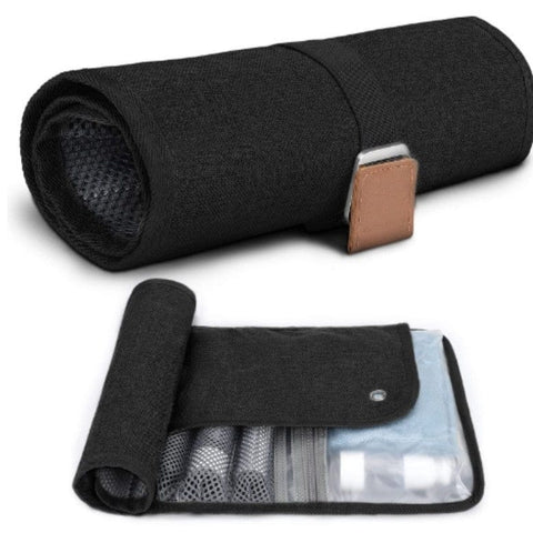 Darrahopens Health & Beauty > Cosmetic Storage > Cosmetic & Toiletry Bags Black Men's PU Leather Toiletry Bag - Waterproof Travel Organizer for Shaving Kits & Bathroom Accessories (50.8x25.4 cm unfolded, 25.4 cm rolled)