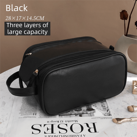 Darrahopens Health & Beauty > Cosmetic Storage > Cosmetic & Toiletry Bags Black Premium TPU Leather Dual-Zipper Cosmetic Bag with 3 Dry & Wet Separation Zone - Large Capacity Travel Toiletries Organizer