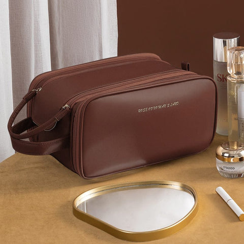 Darrahopens Health & Beauty > Cosmetic Storage > Cosmetic & Toiletry Bags Brown Large Capacity PU Leather Makeup Bag Dual Zipper Cosmetic Case Waterproof Travel Toiletry Organiser with Brush Compartment